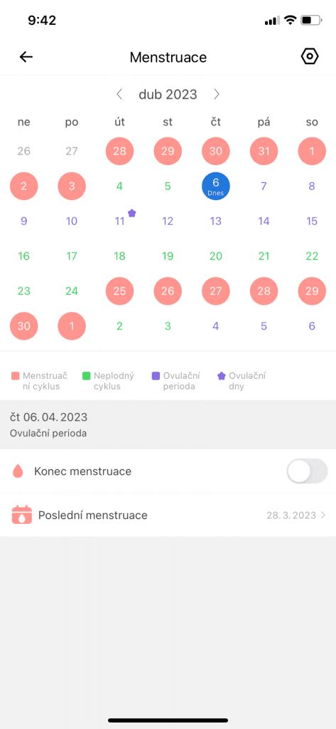 menštruačný kalendár s vyznačenými dňami